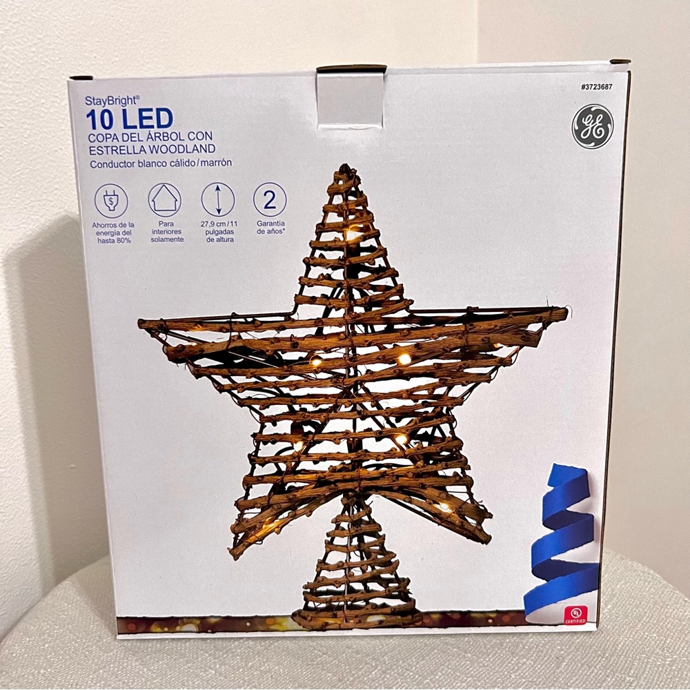 NWT - GE STAR TREE TOPPER STAYBRIGHT 10 LED WOODLAND WARM WHITE LIGHTS
